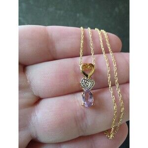 Gold Tone 925 Sterling Silver Heart-shaped Amethyst Pendant Necklace Vintage